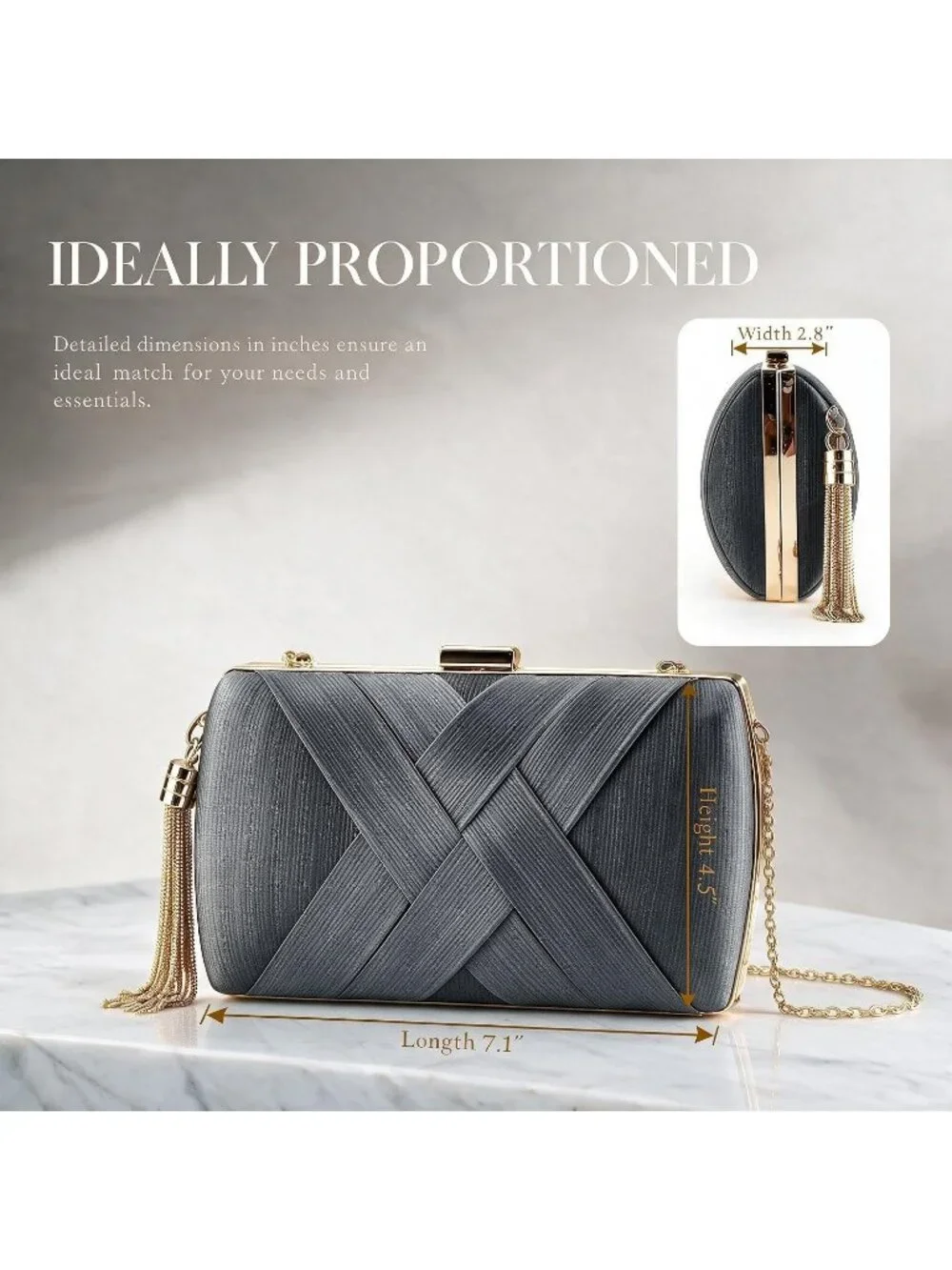 Women's Grey Silk Satin Clutch Purse Pearl Tassel With Chain Evening Bag